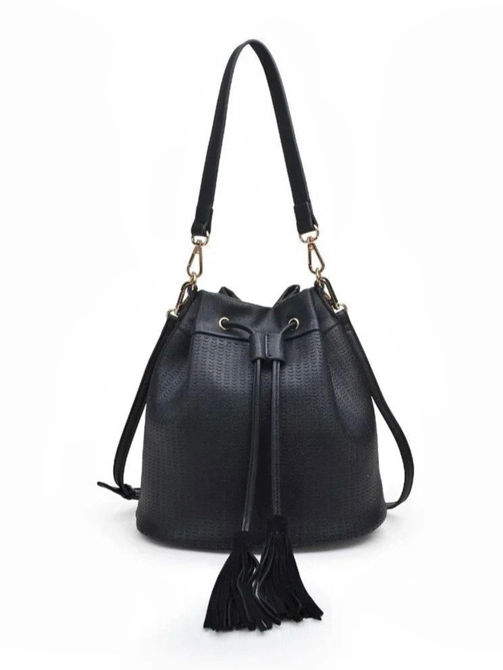 NWT Moda Luxe Allie Black Vegan Leather Drawstring Bucket Bag